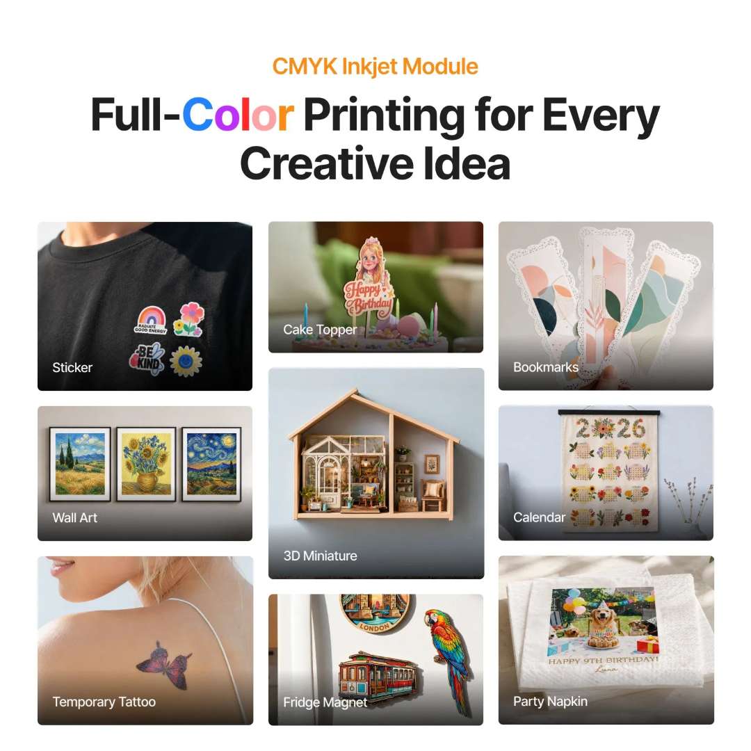 Gráfico promocional del módulo de inyección de tinta CMYK con ocho ejemplos de salida impresa: pegatinas, adornos para tartas, marcapáginas, decoración mural, calendarios, tatuajes, imanes y servilletas