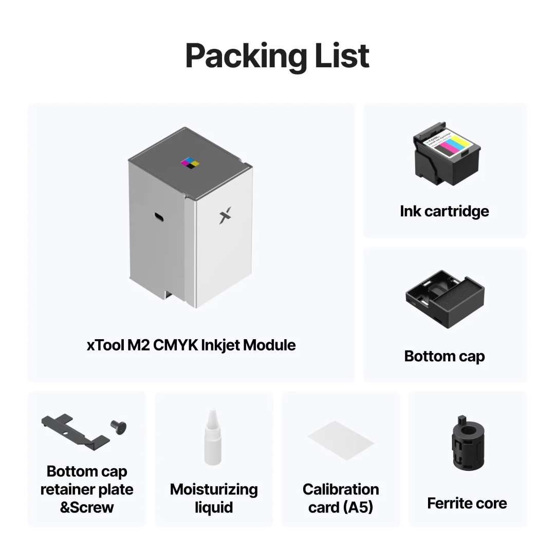 Lista de contenido del xTool M2 CMYK Inkjet Module: cartucho de tinta, tapa inferior, placa de retención, tornillo, líquido humidificador, tarjeta de calibración, núcleo de ferrita