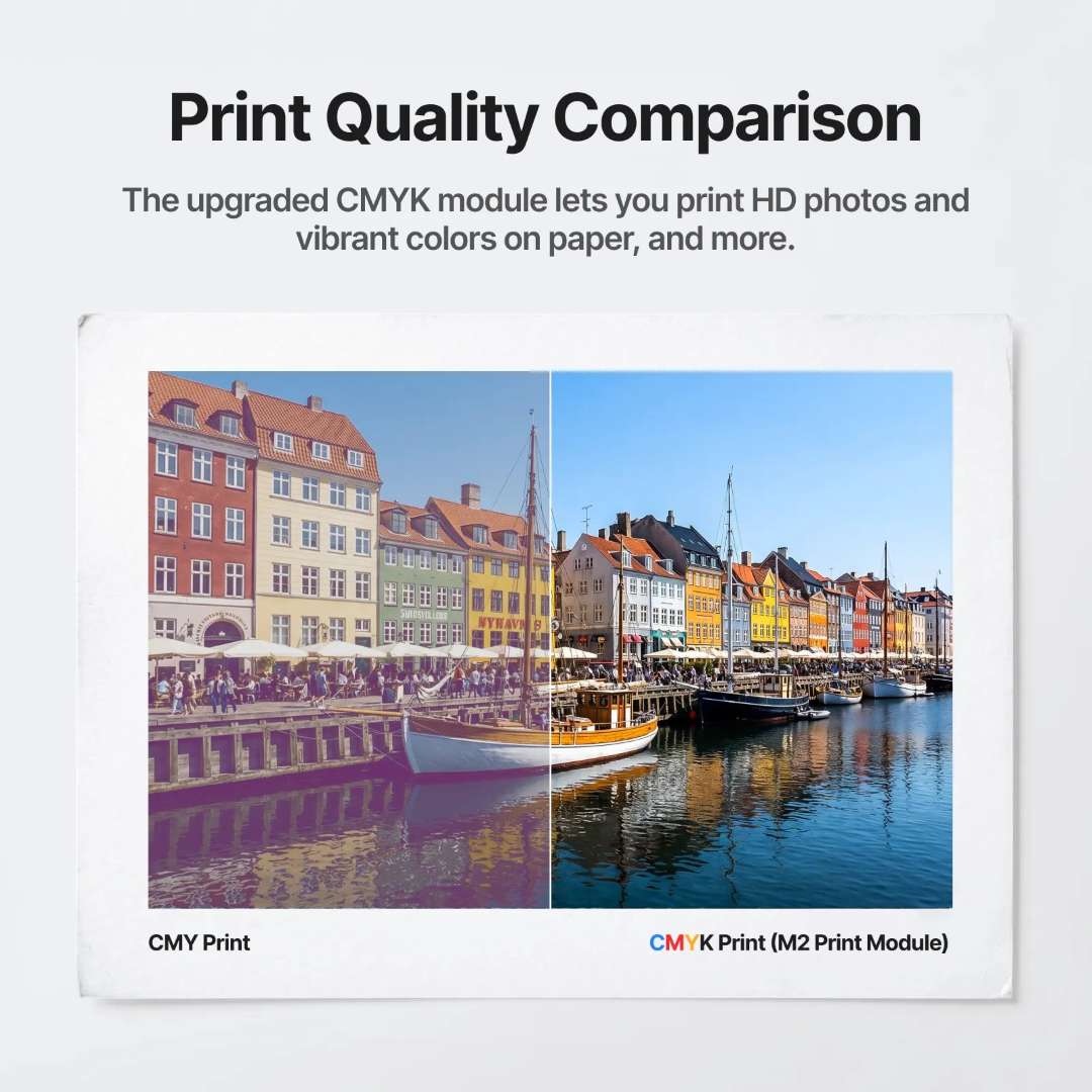 Comparativa de calidad de impresión en panel dividido que muestra la salida CMY frente a CMYK (módulo M2) usando la imagen de referencia del puerto de Nyhavn