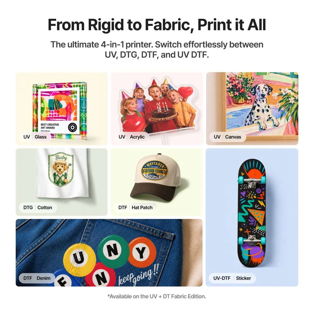 Collage de siete recuadros: imágenes impresas sobre un bloque de vidrio, una figura acrílica, un lienzo, una toalla de algodón, una gorra, unos vaqueros y una tabla de skate.