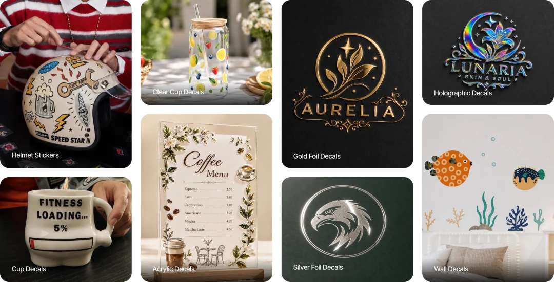 Conjunto de muestras de calcomanías: pegatinas en un casco, un vaso con diseño frutal, logotipos dorado y plateado, un cartel holográfico, un menú acrílico y motivos náuticos en la pared.