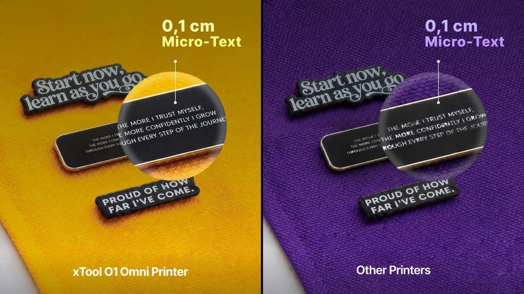 Muestras de texto diminuto en insignias: la impresora xTool produce letras nítidas, mientras que otras impresoras las difuminan