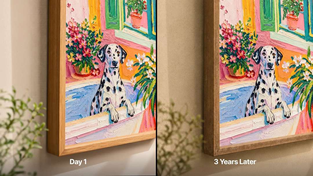 Comparación antes y después: cuadro enmarcado con un dibujo texturizado de un dálmata sin decoloración visible ni pérdida de relieve con el tiempo