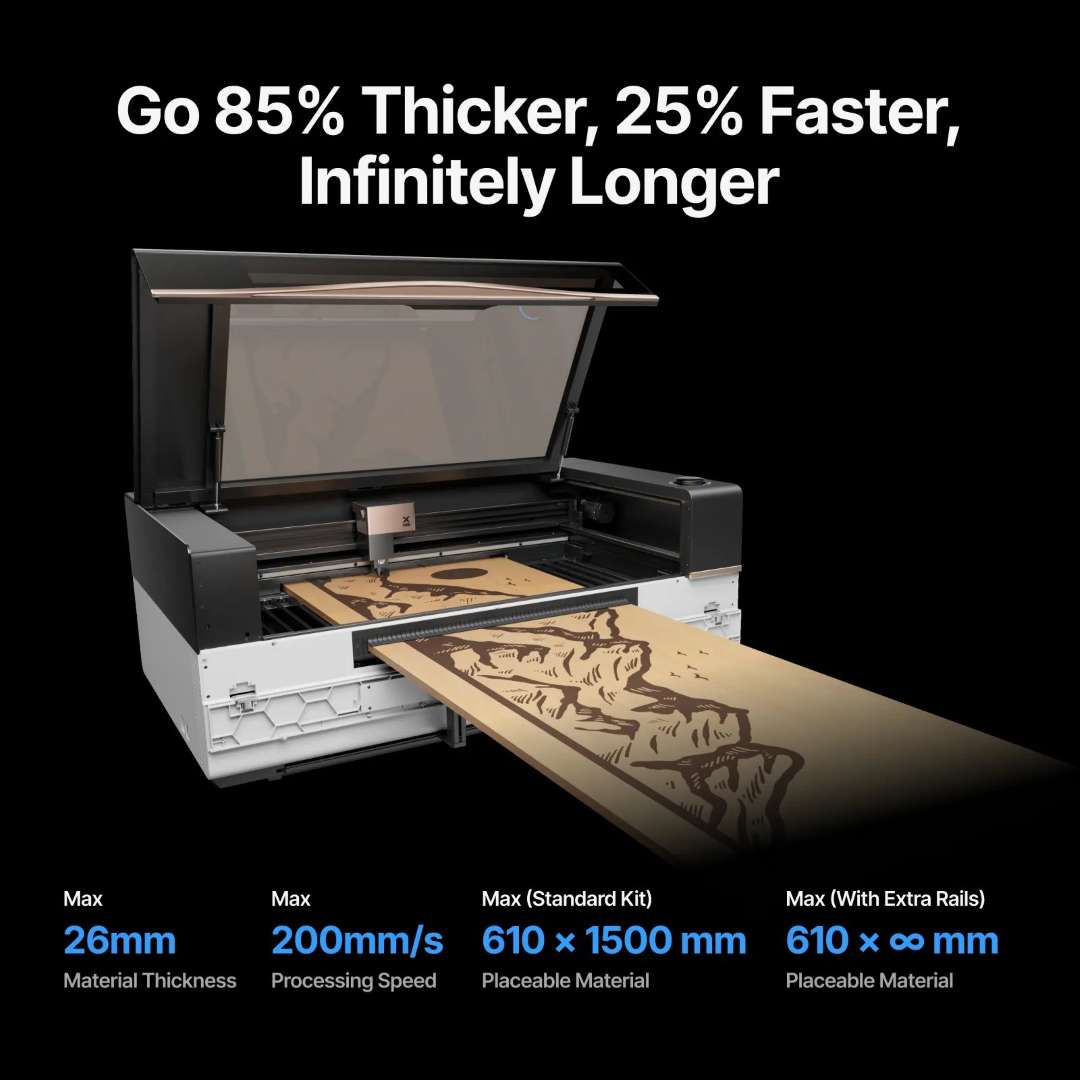 xTool P3 Alimentador Automático de Cinta procesando un largo tablón de madera grabado — grosor máx. 26 mm, velocidad 200 mm/s, capacidad 610 × ∞ mm