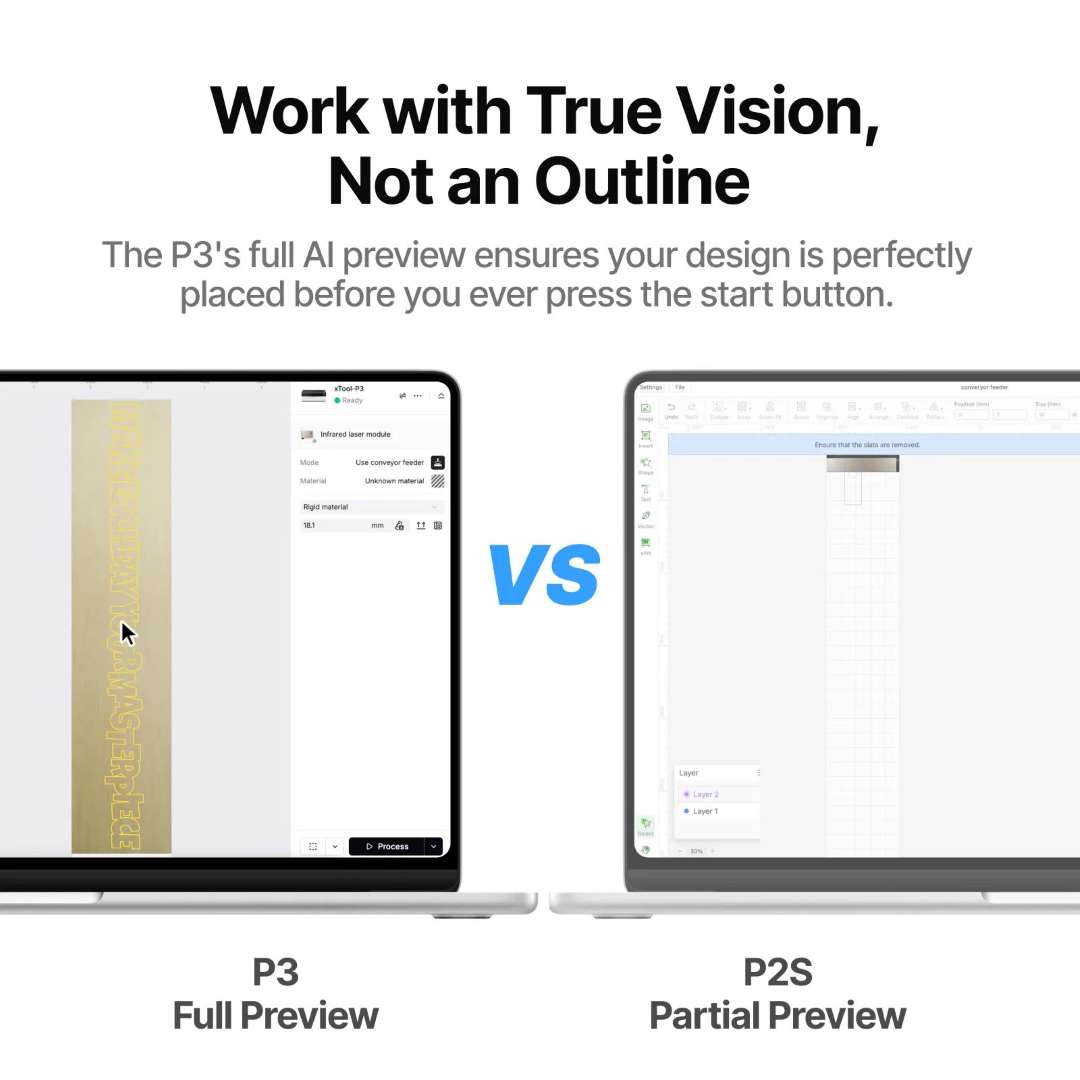 Vista previa AI completa del material en xTool P3 frente a vista parcial en xTool P2S — posicionamiento preciso del diseño antes del procesado láser
