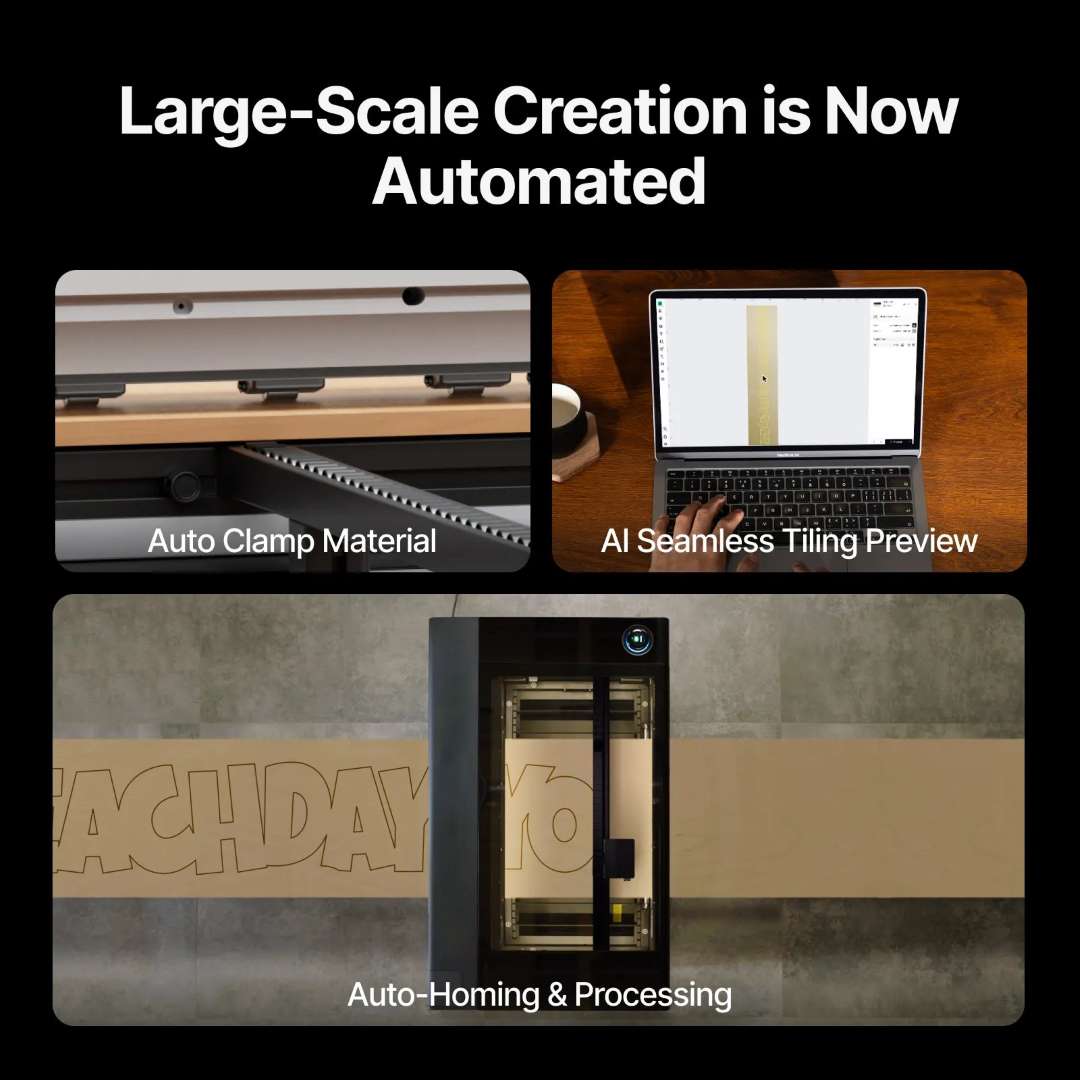 Tres pilares de automatización del xTool P3 Alimentador de Cinta: sujeción automática, vista previa AI Seamless Tiling y posicionamiento y procesado automáticos