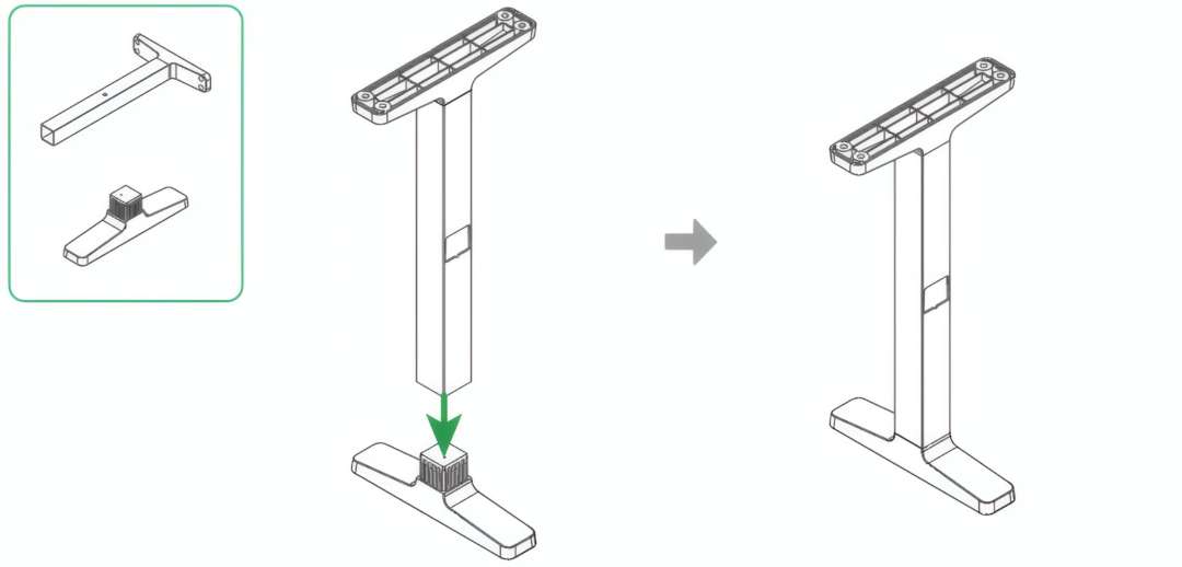 Assembly diagram showing T-shaped support leg being pressed downward into rectangular base — exploded view on left, completed support leg unit on right