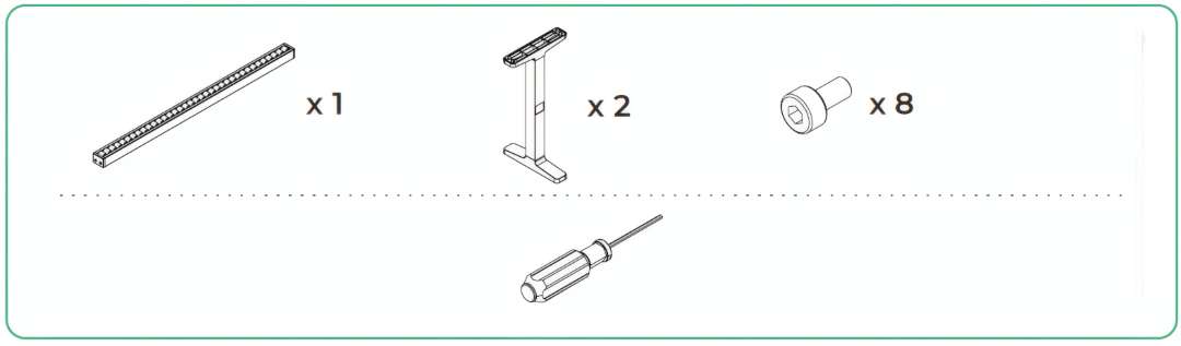 Parts layout for one conveyor rail assembly: conveyor rail ×1, assembled support legs ×2, screws ×8, and screwdriver tool