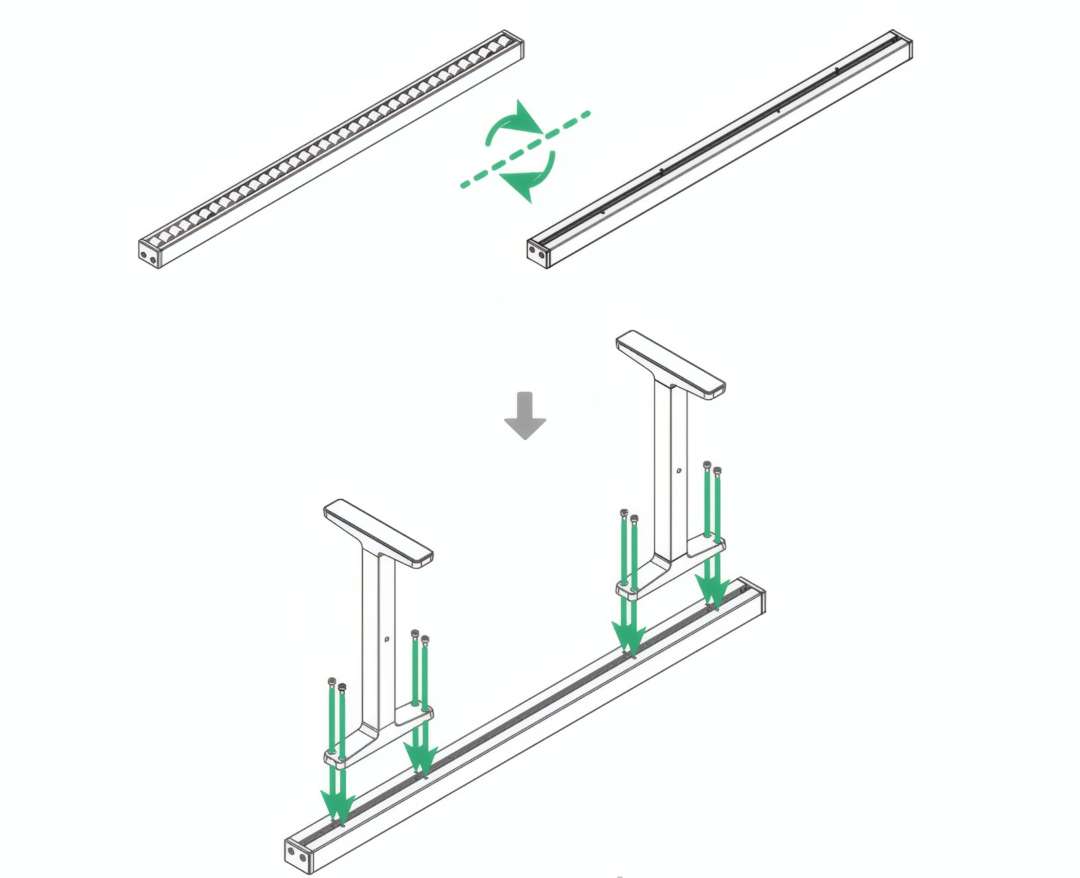 Assembly diagram showing two support legs being bolted to the underside of a conveyor rail using eight screws — orientation arrows indicate correct rail facing before attachment