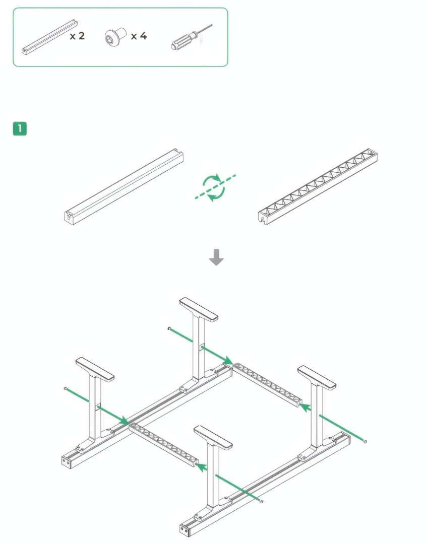 Installation diagram showing two support beams being inserted between two parallel conveyor rail sets and secured with screws to form a rigid ladder-frame sub-assembly