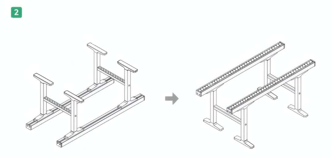 Step diagram showing conveyor rail frame being flipped right-side up — inverted configuration with legs up on the left, completed standing frame on the right