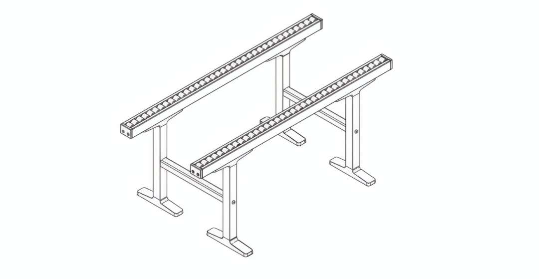 Completed full xTool P3 Conveyor Rail assembly — two parallel rail sets supported by T-leg assemblies and interconnected by cross-beams, isometric view showing the final structure