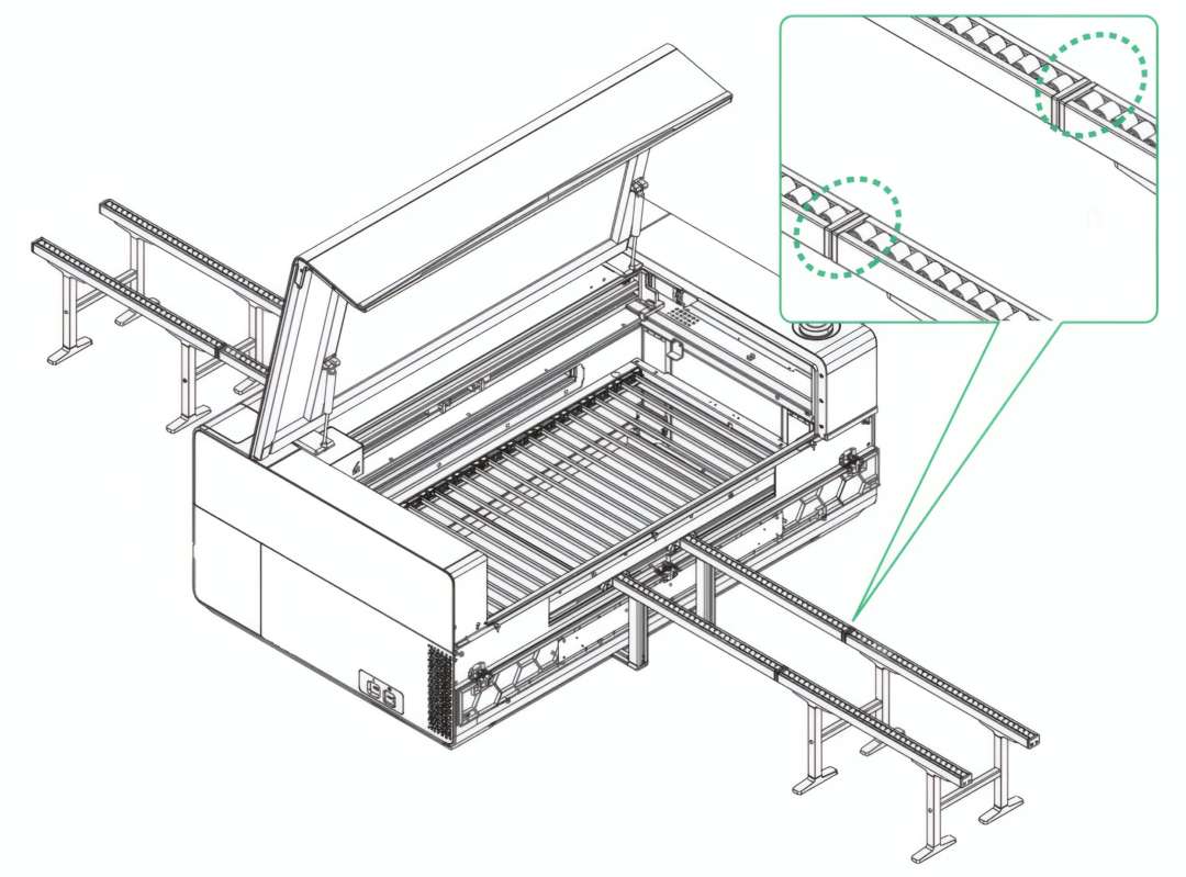 xTool P3 Conveyor Rail frames positioned on both input and output sides of the laser cutter, detail callout showing external rail flush with the machine's internal conveyor rails