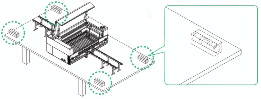 xTool P3 Conveyor Rail leveling procedure: level tool placed at support leg base positions to verify co-planar surface flatness across the full frame