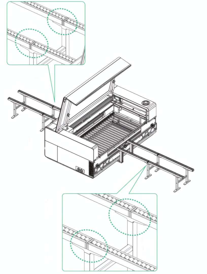 Detailed callouts of xTool P3 Conveyor Rail input-side and output-side support leg adjustment points, showing correct height alignment with the machine's internal rails after material loading