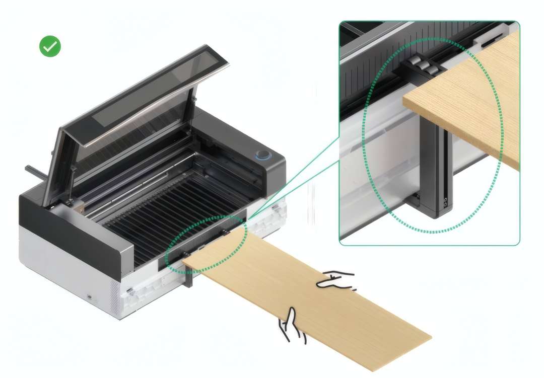 Correct material feeding alignment: wood panel feeding from xTool P3 Conveyor Rail into the laser cutter, detail callout showing flush rail-to-machine interface at the entry point