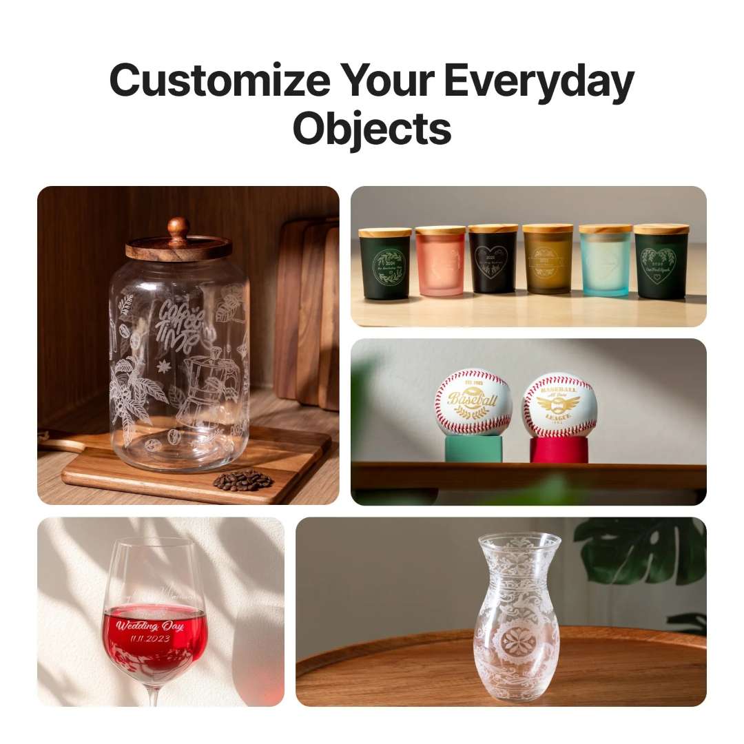 Objetos cotidianos grabados con láser, como tarros de vidrio, velas, pelotas de béisbol, copas de vino y jarras con texto y patrones personalizados