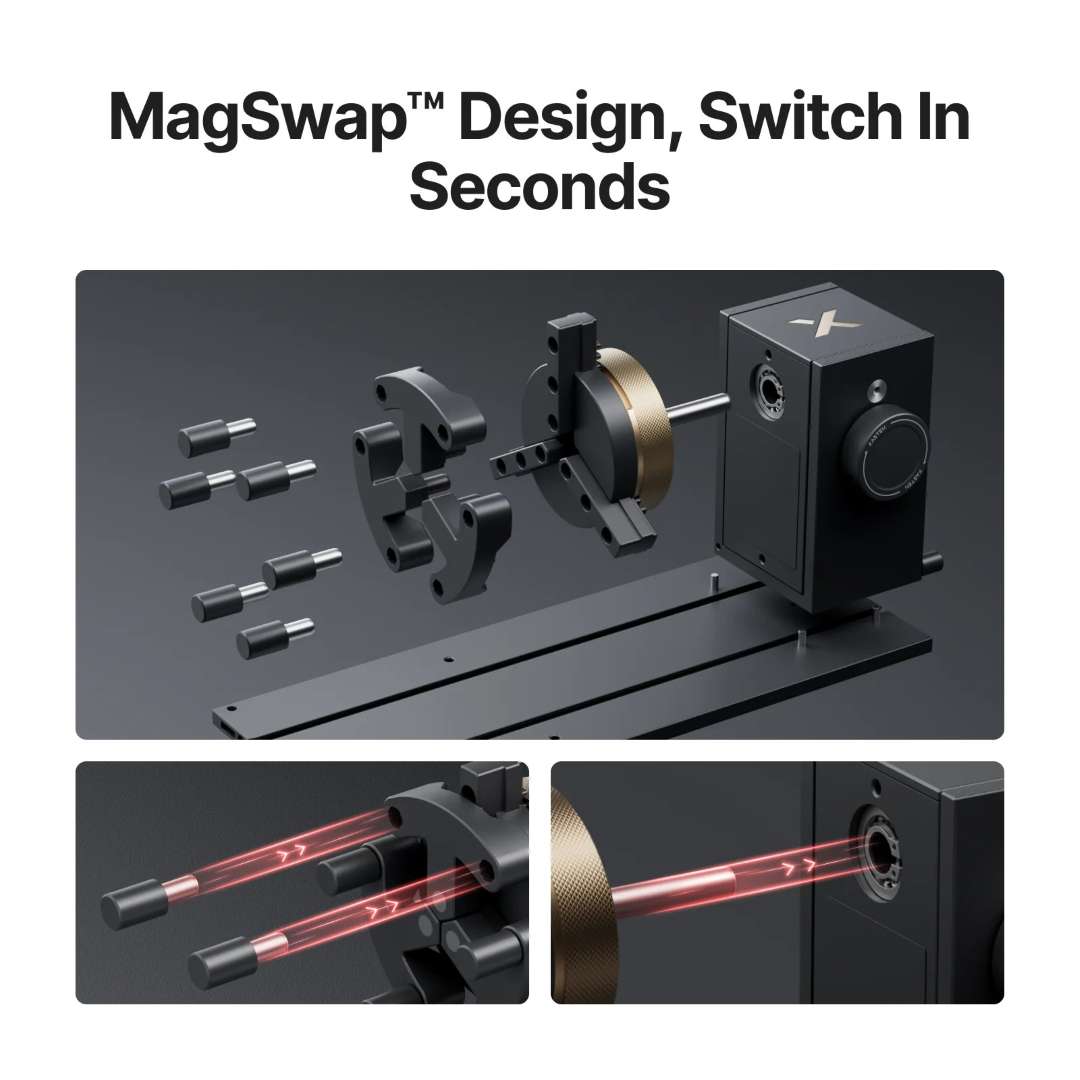 Accesorio rotativo con sistema de mandril magnético MagSwap, juegos de mordazas intercambiables y varilla de alineación para grabadoras láser