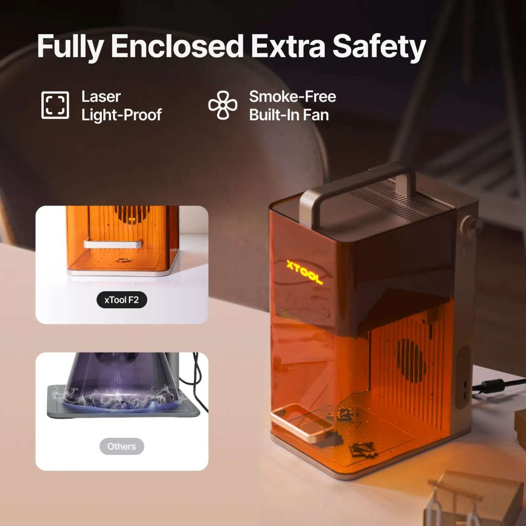 Imagen promocional de la grabadora láser xTool F2 totalmente cerrada, con sistema de seguridad a prueba de humo y luz.