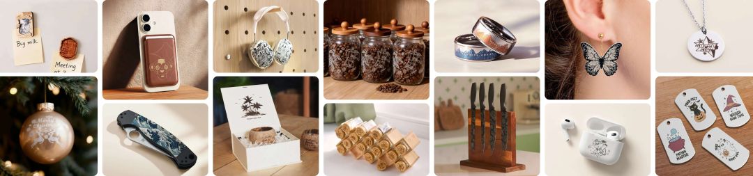 Un collage de diversos productos de estilo de vida, joyería, accesorios de cocina y artículos de regalo.