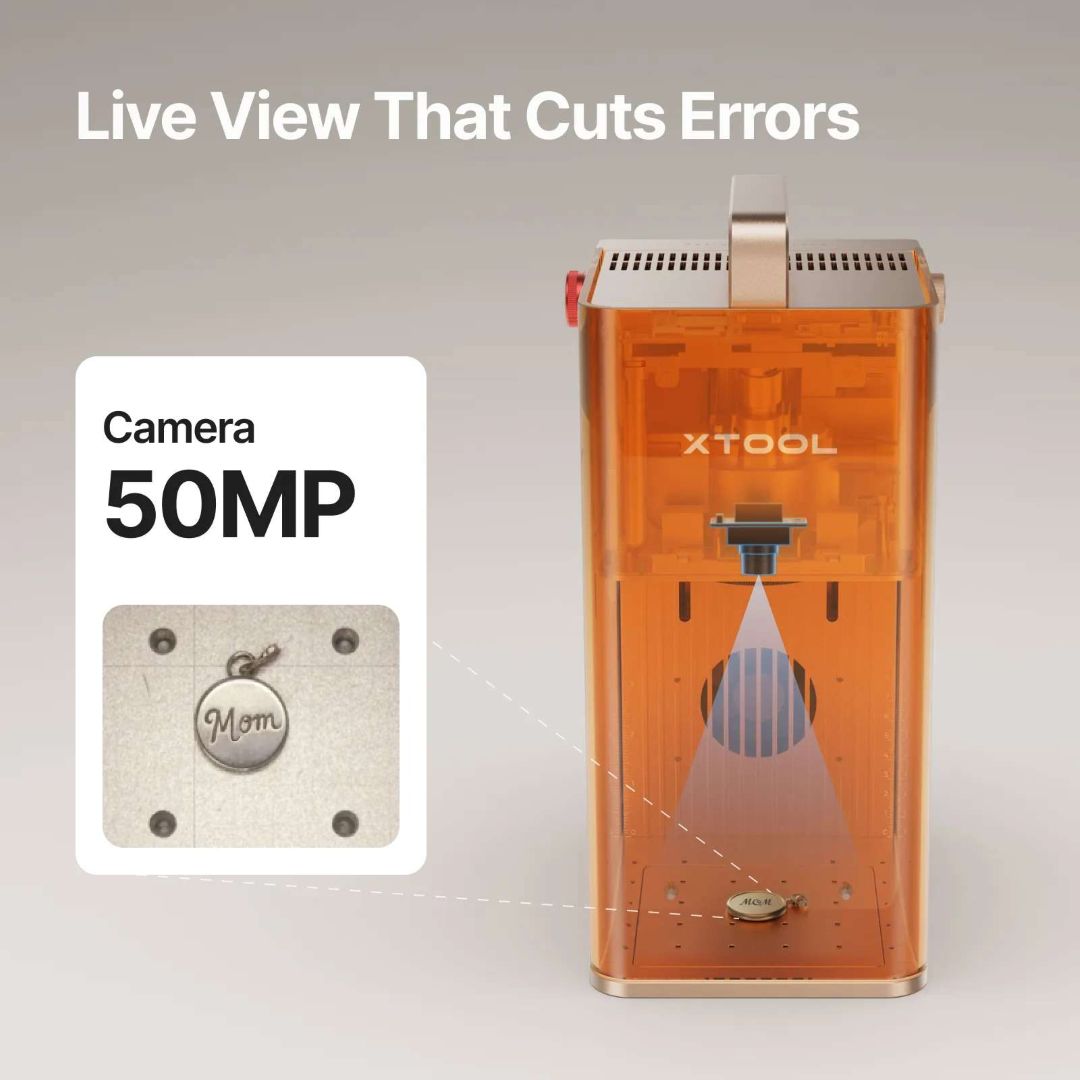 Grabadora láser xTool con cámara de 50 MP para visualización en tiempo real y alineación precisa del diseño.