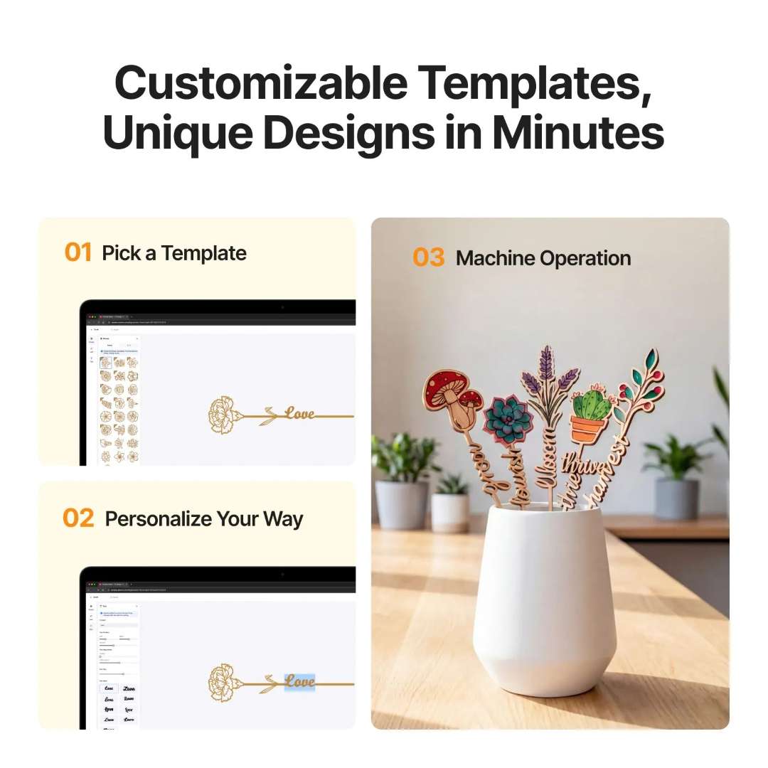 xTool Studio template workflow: step 01 pick a floral template, step 02 personalise text, step 03 machine operation producing finished engraved botanical plant-stake decorations