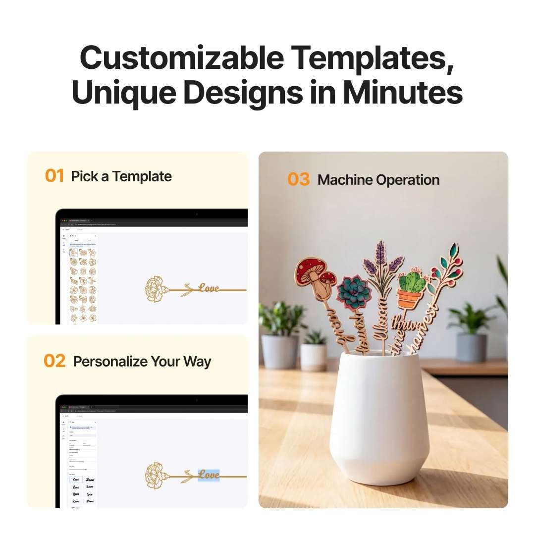 Flujo de trabajo del software de cortadora láser con selección de plantilla, personalización de texto y muestras de estacas para plantas grabadas en madera