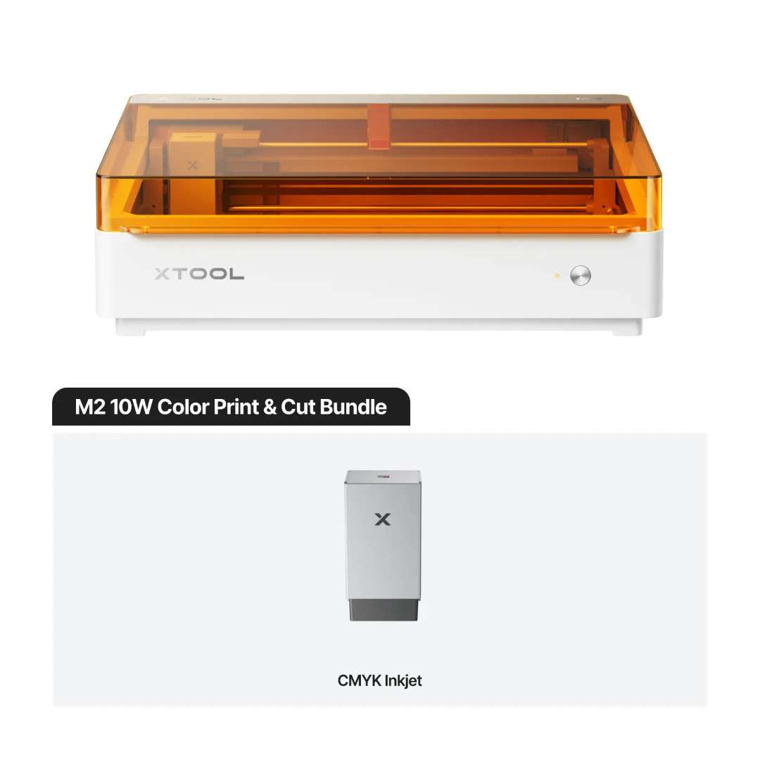 xTool M2 10W machine front view with amber lid, paired with the CMYK Inkjet Module below — complete Color Print & Cut Bundle configuration