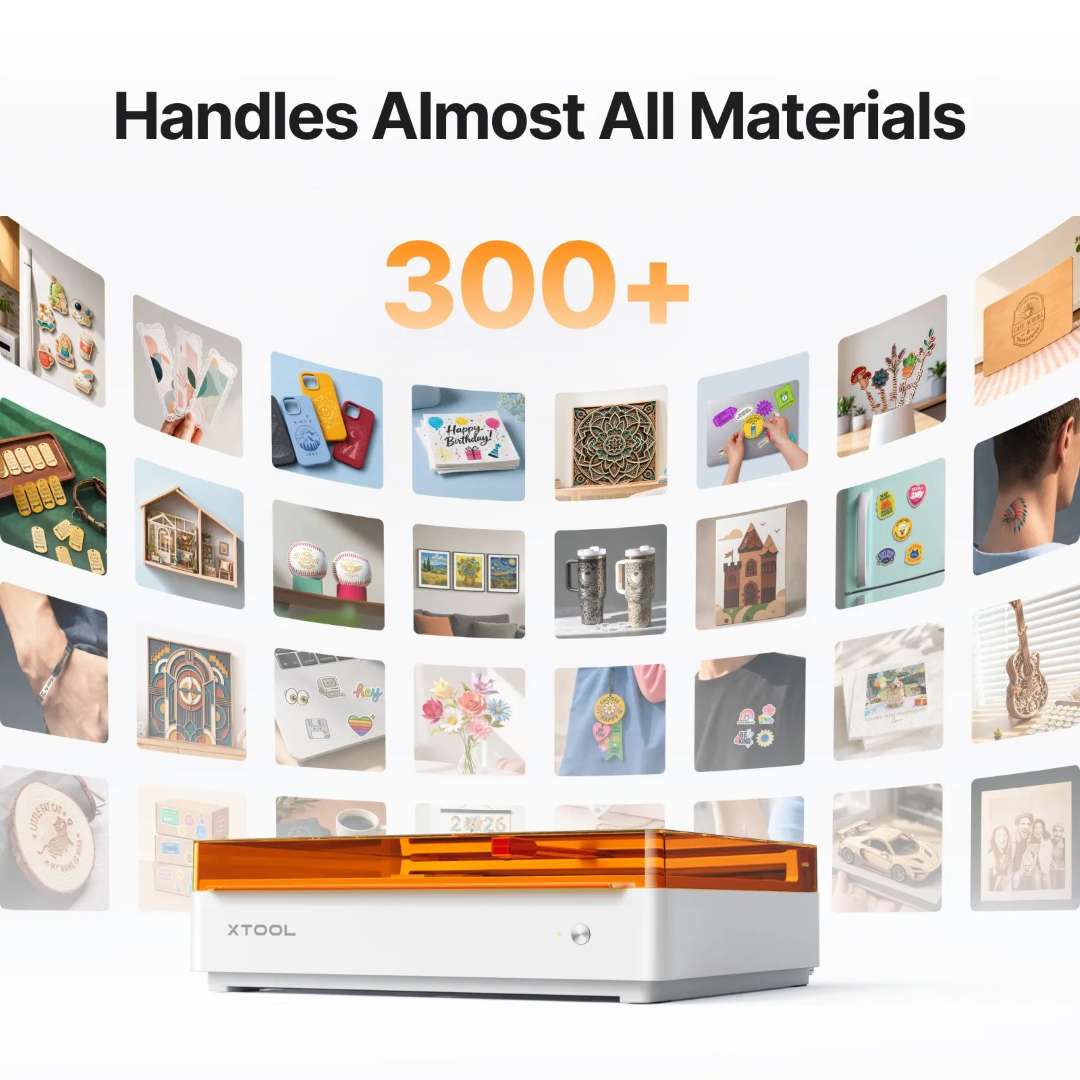 Grabadora/cortadora láser cerrada xTool con cubierta protectora naranja, rodeada de más de 300 muestras de materiales compatibles