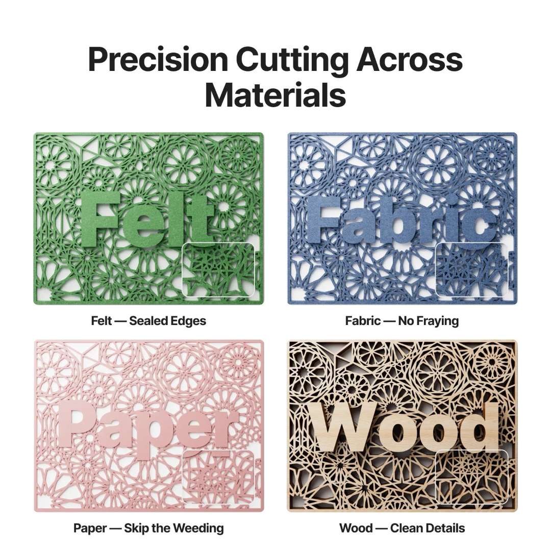 Cuadrícula de muestras de cortadora láser con cortes de precisión en cuatro materiales: fieltro, tejido, papel y madera