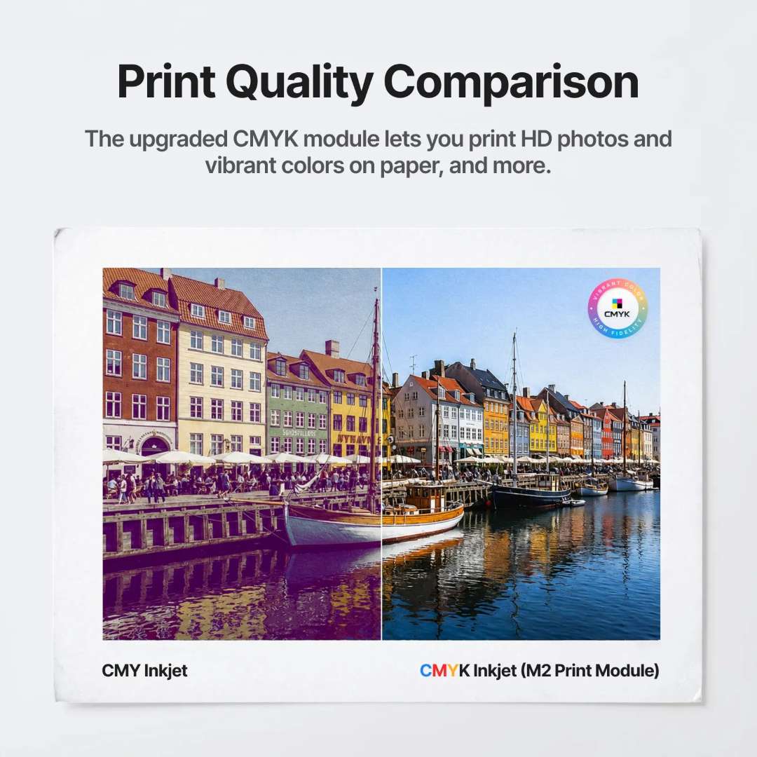 Side-by-side print quality comparison: CMY inkjet (left, warm colour cast, muted detail) versus CMYK M2 inkjet module (right, accurate neutral tones and vivid colour fidelity on Copenhagen waterfront photo)