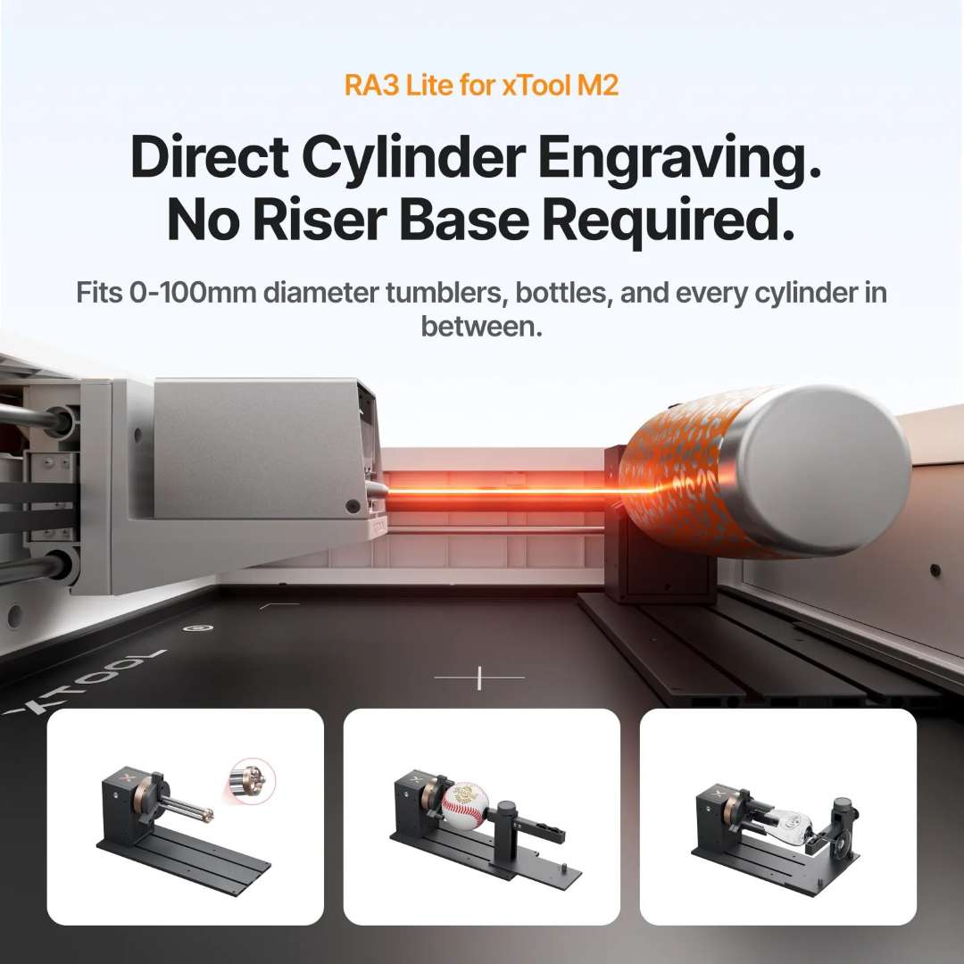 xTool RA3 Lite rotary attachment inside M2 — direct cylinder engraving on a tumbler with 0–100 mm diameter range, no riser base required, with three interchangeable jaw configurations shown